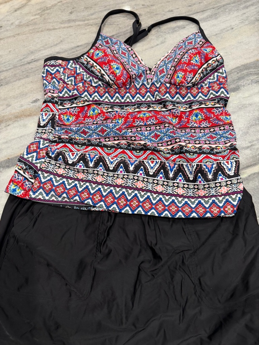 Printed Tankini swim Top with Black Bottoms